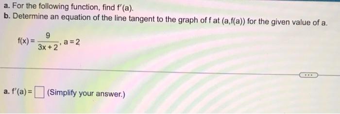 Solved a. For the following function, find f′(a). b. | Chegg.com