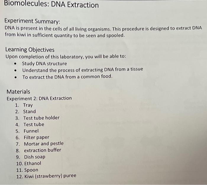 Solved Biomolecules: DNA Extraction Experiment Summary: DNA | Chegg.com