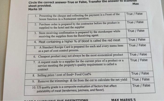 Solved Circle the correct answer-True or False, Transfer the | Chegg.com