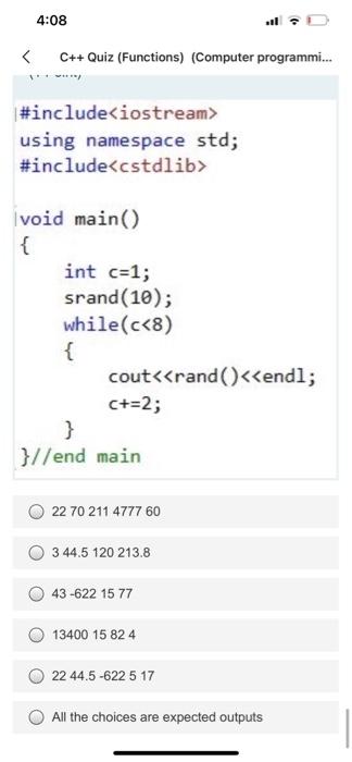 Solved 4:08 C++ Quiz (Functions) (Computer programmi... 15 | Chegg.com