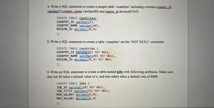 Solved 1. Write a SQL statement to create a simple table | Chegg.com