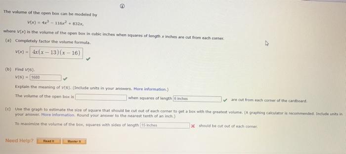 Solved @ The volume of the open box can be modeled by Vx) = | Chegg.com