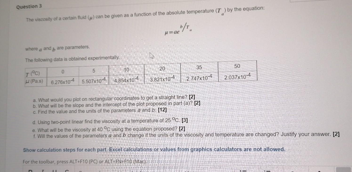 Solved Question 3 The Viscosity Of A Certain Fluid (u) Can | Chegg.com