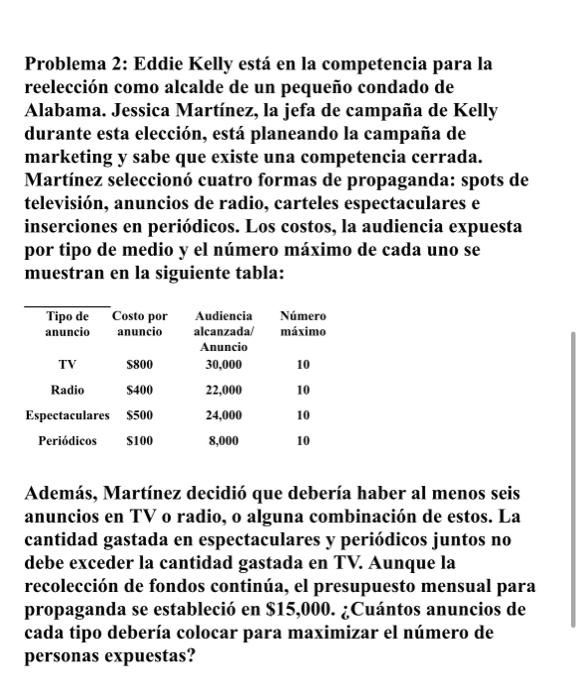 Problema 2: Eddie Kelly está en la competencia para la reelección como alcalde de un pequeño condado de Alabama. Jessica Mart