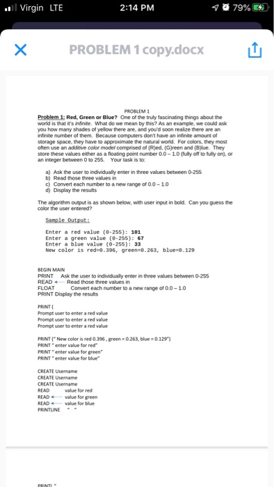 .. Virgin LTE 2:14 PM 1079% PROBLEM 1 copy.docx PROBLEM 1 Problem 1: Red, Green or Blue? One of the truly fascinating things