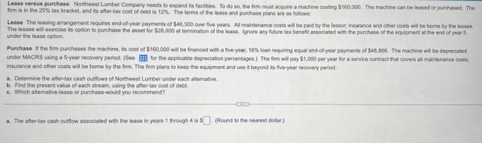 Solved Lease versus purchase Northwest Lumber Company neods | Chegg.com