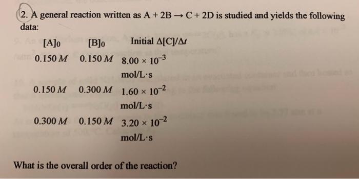 Solved 2. A general reaction written as A+2B→C+2D is studied | Chegg.com