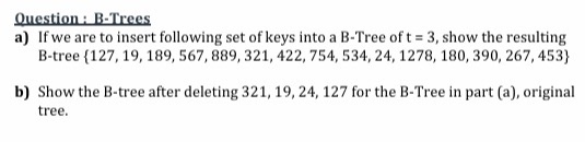 Question: B-Trees a) If we are to insert following set of keys into a B-Tree of t = 3, show the resulting B-tree (127, 19, 18