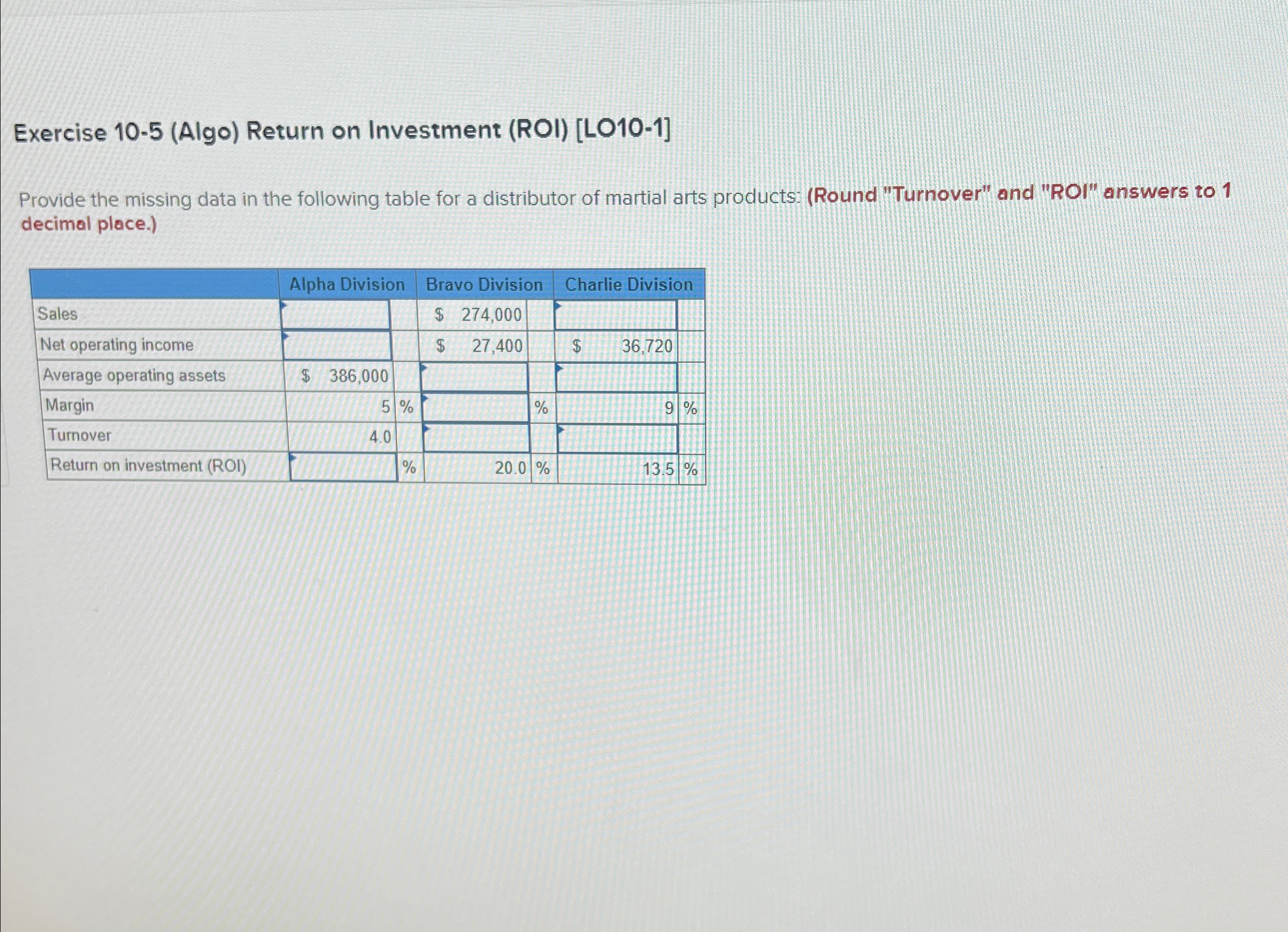 Solved Exercise 10-5 (Algo) ﻿Return On Investment | Chegg.com