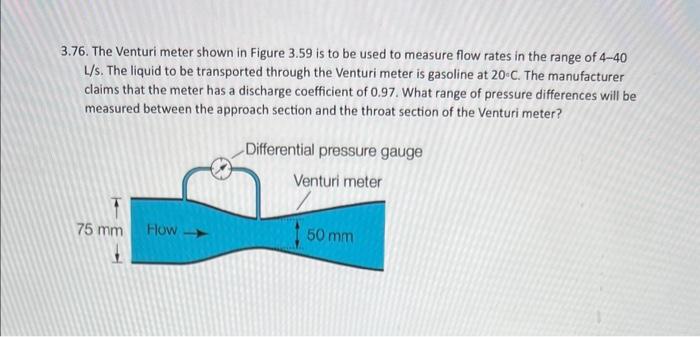 Solved 3.76. The Venturi meter shown in Figure 3.59 is to be | Chegg.com