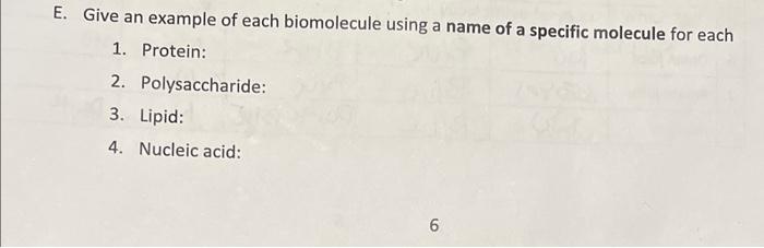 Solved Give an example of each biomolecule using a name of a | Chegg.com