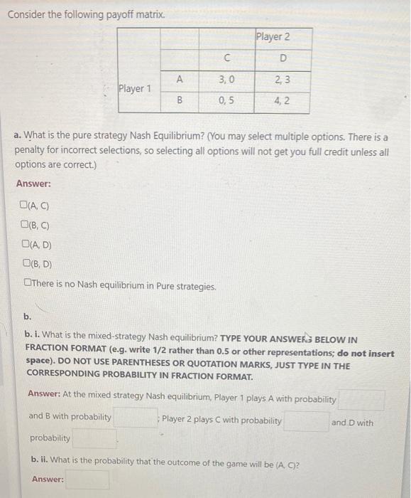Solved Consider the following payoff matrix. Player 2 с D A | Chegg.com
