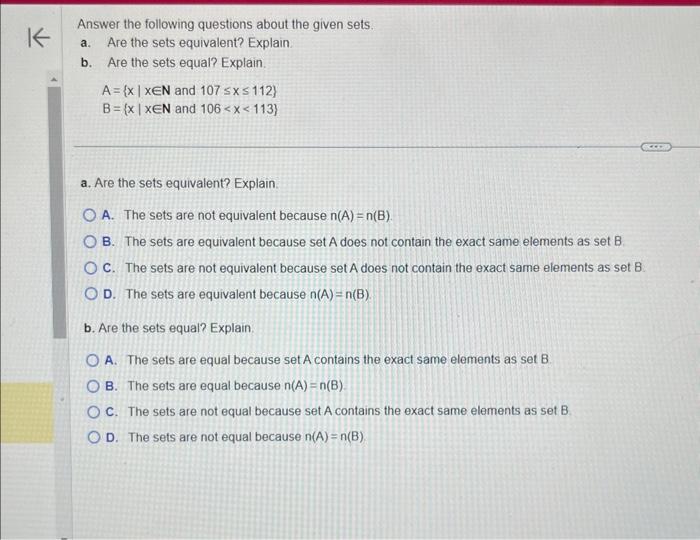 Solved Answer the following questions about the given sets. | Chegg.com