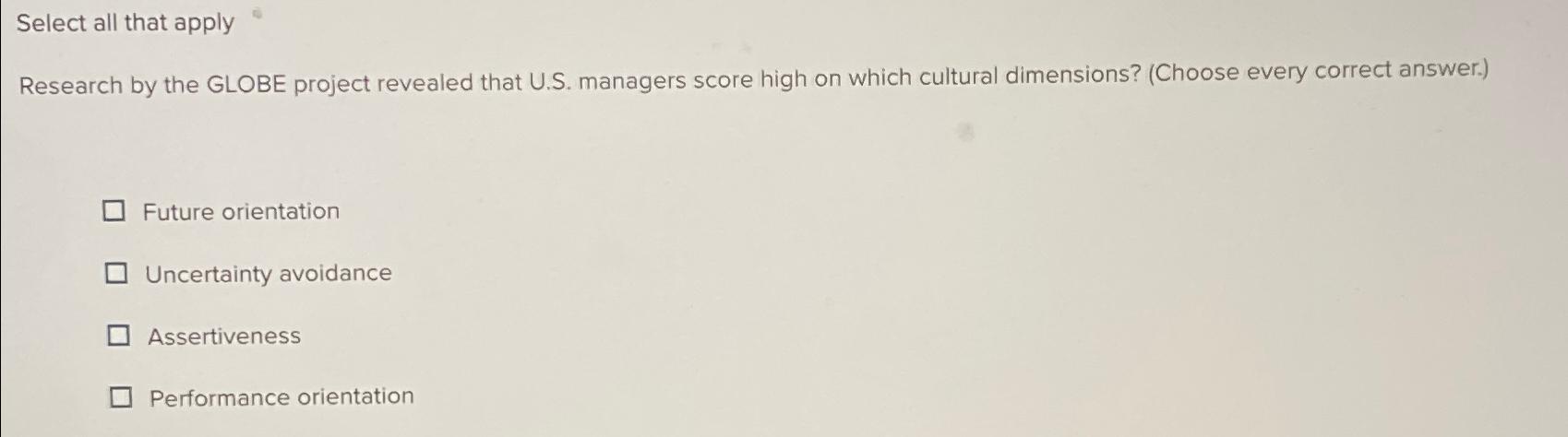 Solved Select all that applyResearch by the GLOBE project | Chegg.com