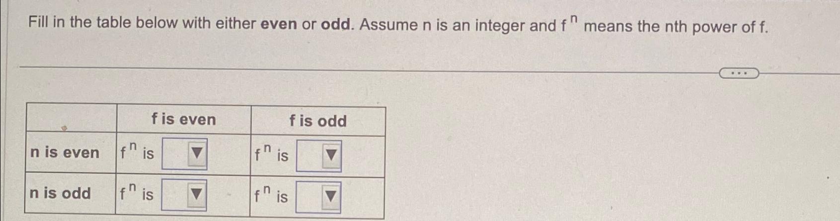 Solved Fill in the table below with either even or odd. | Chegg.com