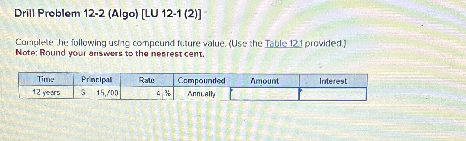 Solved Drill Problem 12-2 (Algo) [LU 12-1 (2)]Complete The | Chegg.com