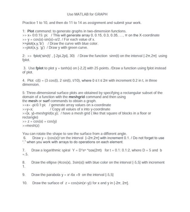 Solved Use MATLAB for GRAPH Practice 1 to 10, and then do 11 | Chegg.com