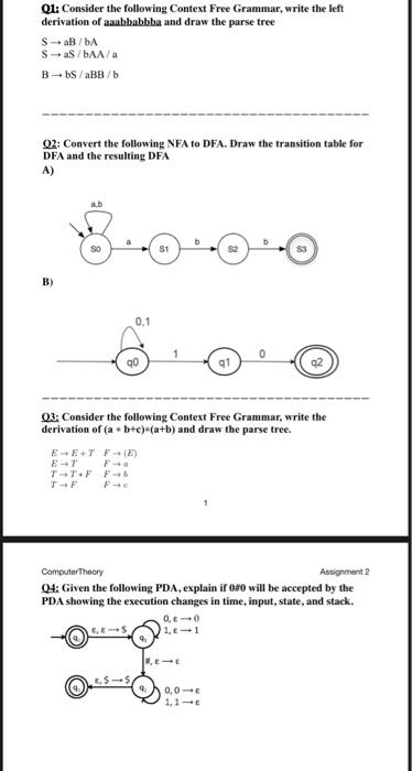 Solved Q1: Consider The Following Context Free Grammar, | Chegg.com