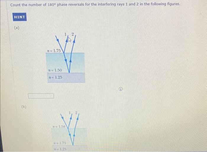 Count the number of 180° phase reversals for the interfering rays 1 and 2 in the following figures.
HINT
(a)
(b)
n=1.75
n=1.5