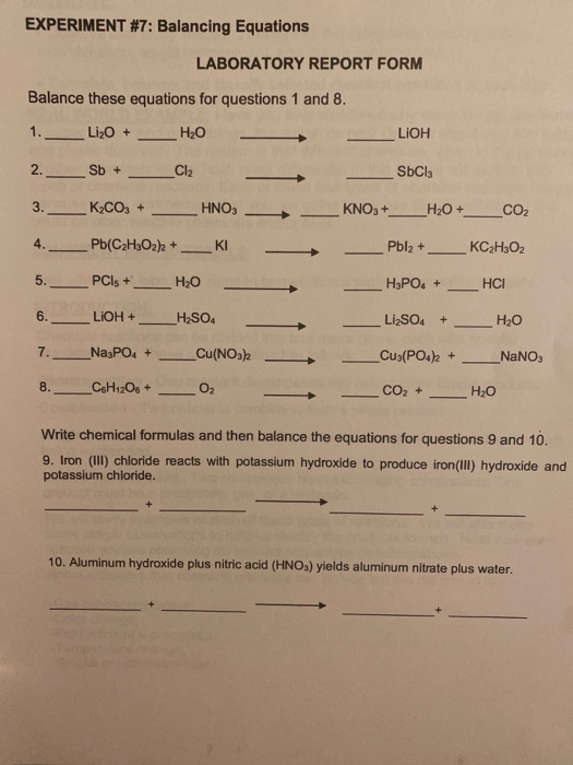 Solved EXPERIMENT #7: Balancing Equations LABORATORY REPORT | Chegg.com