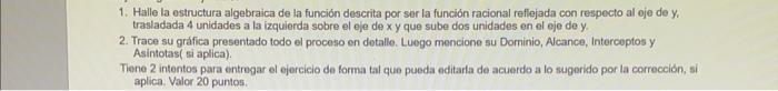 1. Halle la estructura algebraica de la función descrita por ser la función racional reflejada con respecto al oje de y. tras