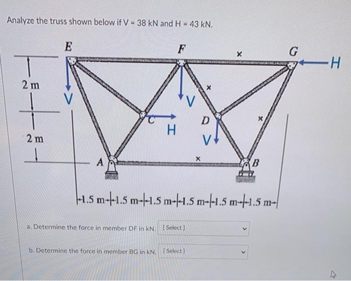 Solved Analyze the truss shown below if V = 38 kN and H - 43 | Chegg.com