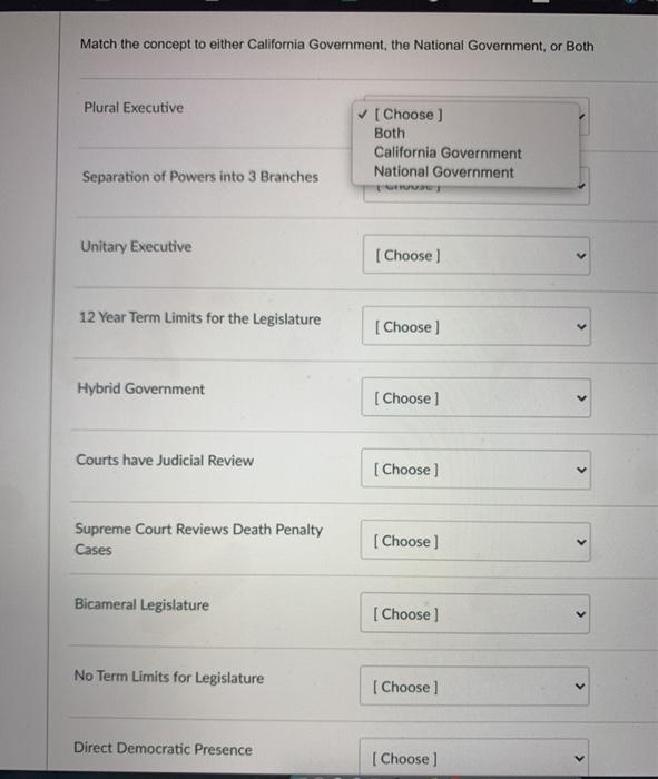 Match the concept to either California Government,