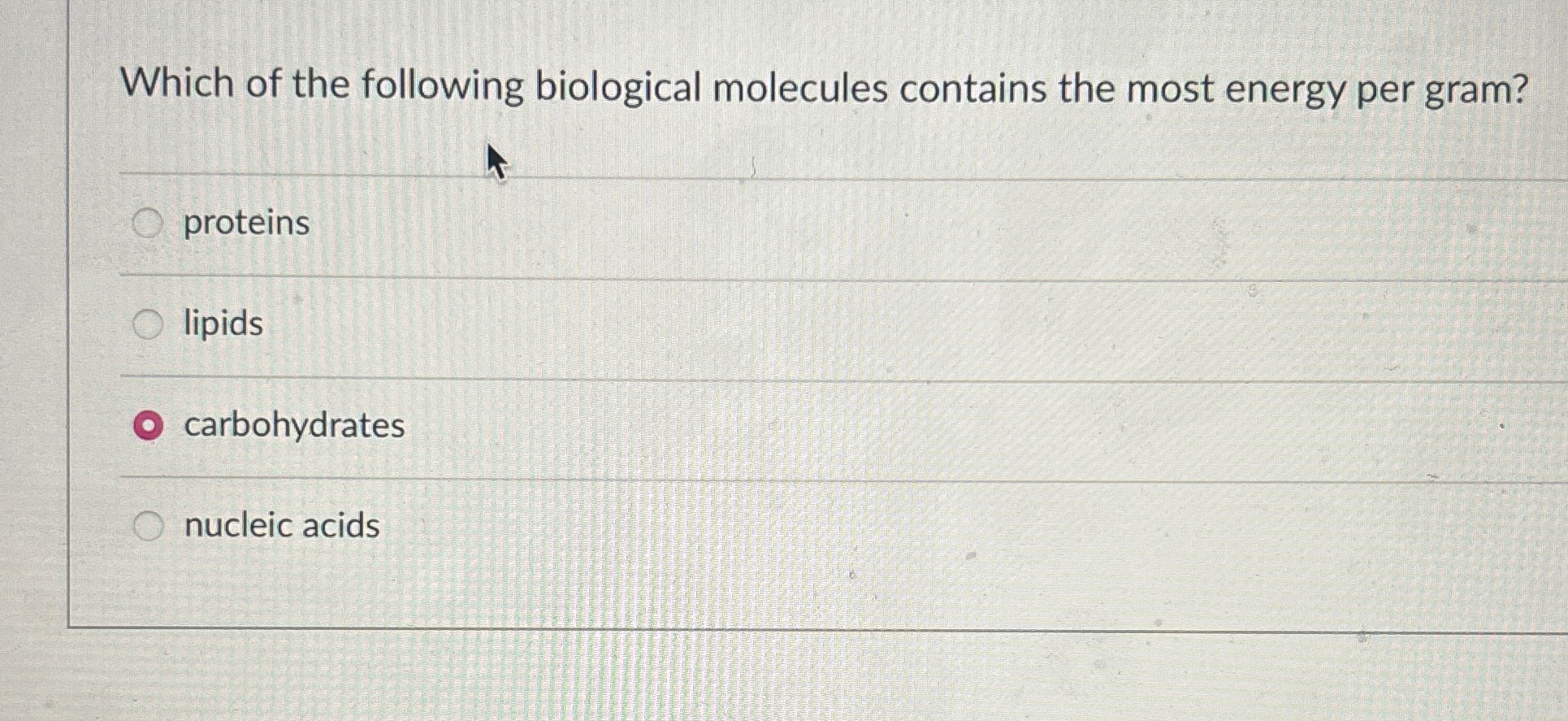 Solved Which of the following biological molecules contains