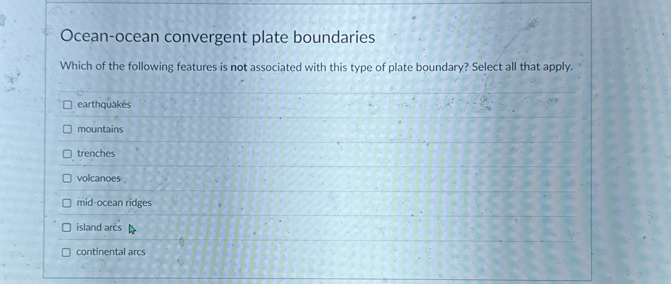 Solved Ocean-ocean convergent plate boundariesWhich of the | Chegg.com