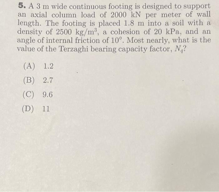 5. A \( 3 \mathrm{~m} \) wide continuous footing is designed to support an axial column load of \( 2000 \mathrm{kN} \) per me