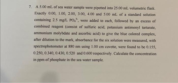 Solved 7. A 5.00 mL of sea water sample were pipetted into | Chegg.com