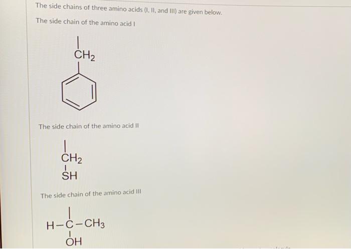 Solved The side chains of three amino acids (1. II and III) | Chegg.com