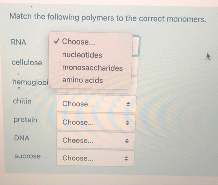 Solved Match The Following Polymers To The Correct Monomers. | Chegg.com