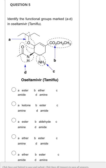 Identify the functional groups marked (a-d) in oseltamivir (Tamiflu).
Oseltamivir (Tamiflu)
\( \begin{array}{ll}\text { a est