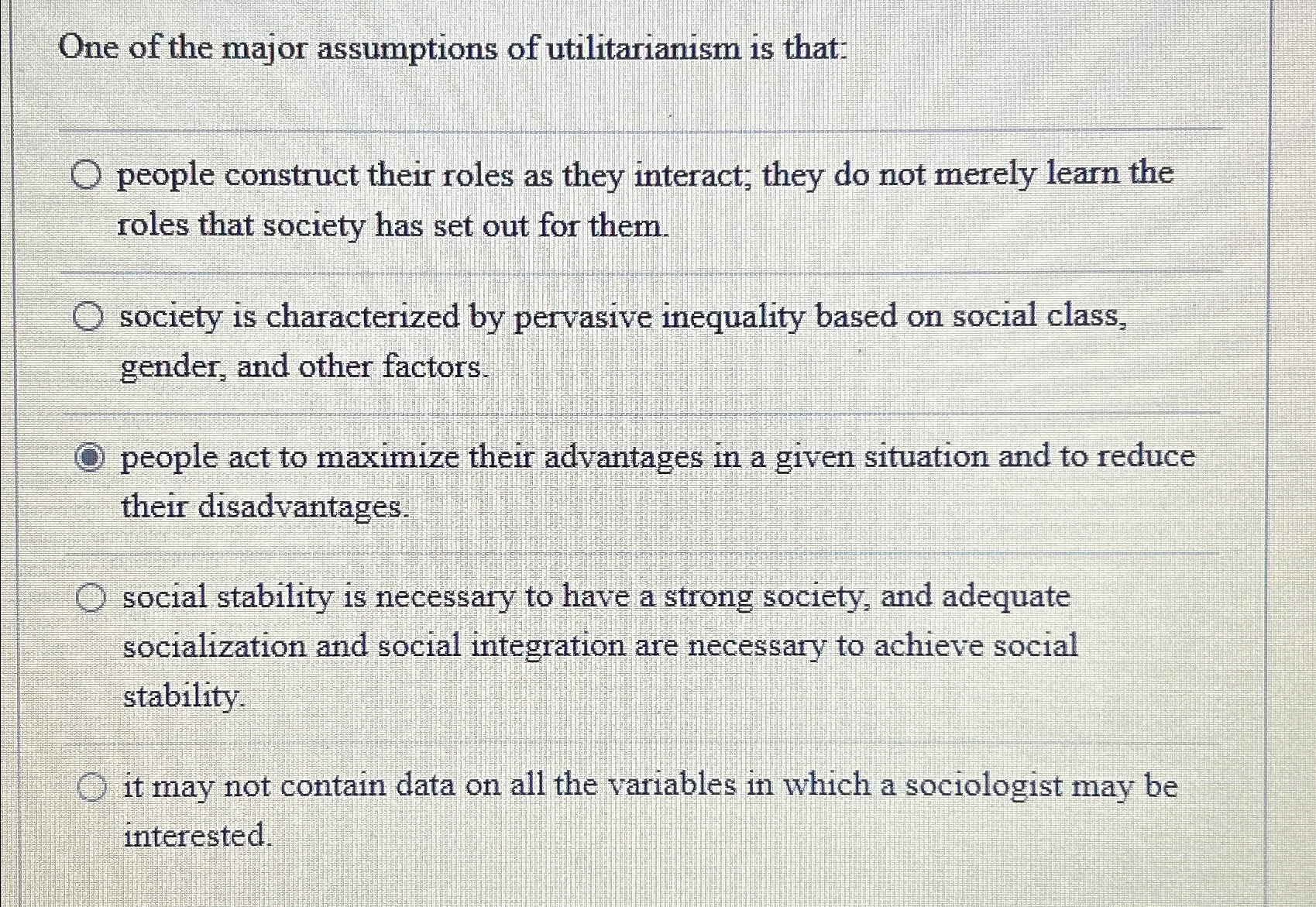 Solved One of the major assumptions of utilitarianism is | Chegg.com