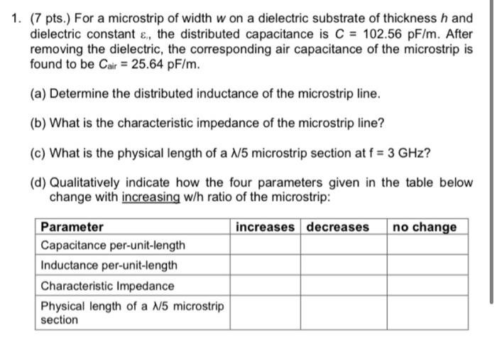 Solved 1. (7 pts.) For a microstrip of width w on a | Chegg.com