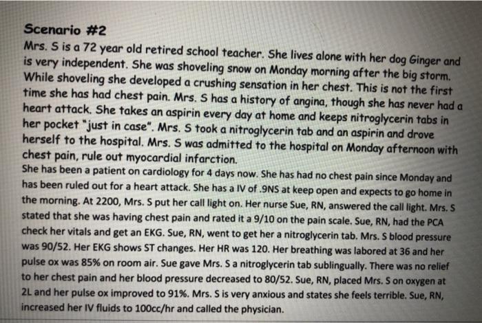 Scenario #2 Mrs. S is a 72 year old retired school teacher. She lives alone with her dog Ginger and is very independent. She