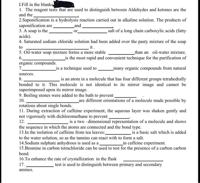 Solved I. Fill in the blanks 1. The reagent tests that are | Chegg.com