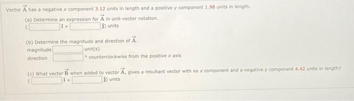 Solved Vector A has a negative x component 3.12 units in | Chegg.com