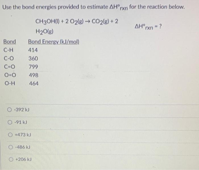 Solved Use The Bond Energies Provided To Estimate ΔH∘ Rxn | Chegg.com