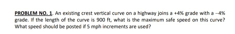Solved PROBLEM NO. 1. An existing crest vertical curve on a | Chegg.com