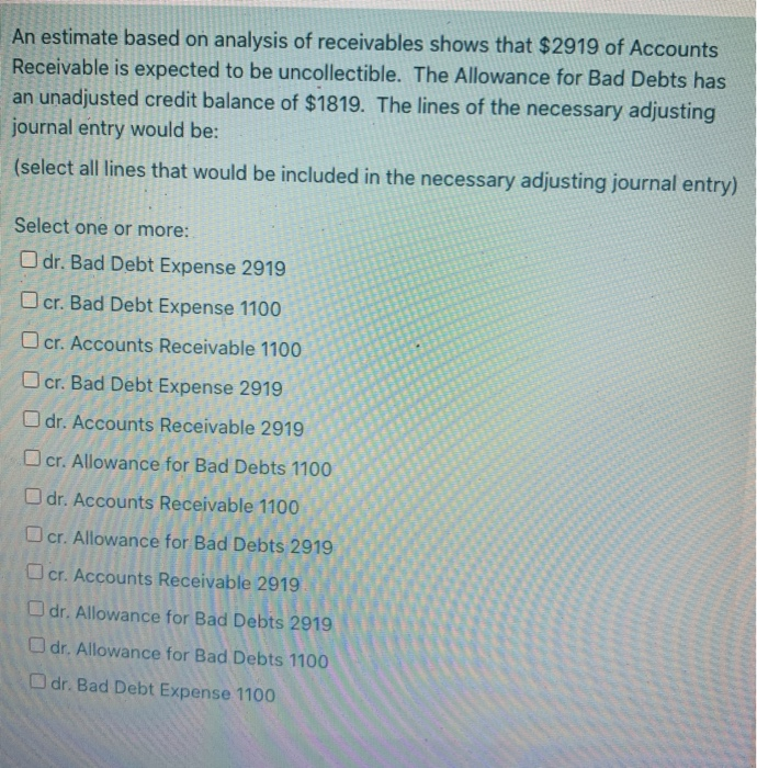 Solved An estimate based on analysis of receivables shows | Chegg.com