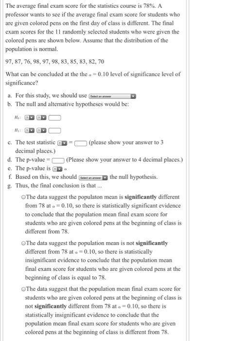 Solved The average final exam score for the statistics | Chegg.com