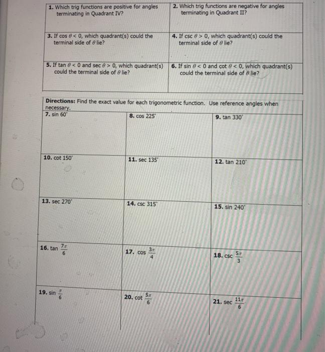 Solved 1. Which trig functions are positive for angles | Chegg.com