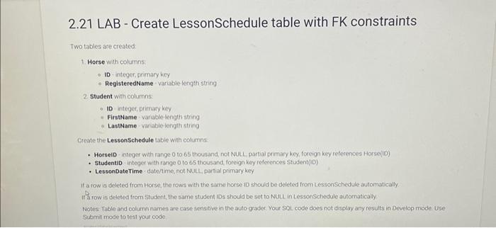 Solved 2.21 LAB - Create LessonSchedule table with FK | Chegg.com