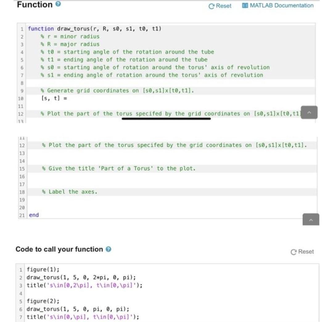 Solved Function 1 function draw_torus (r, R, s0, s1, to, t1) | Chegg.com