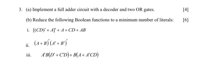 Solved 3. (a) Implement a full adder circuit with a decoder | Chegg.com
