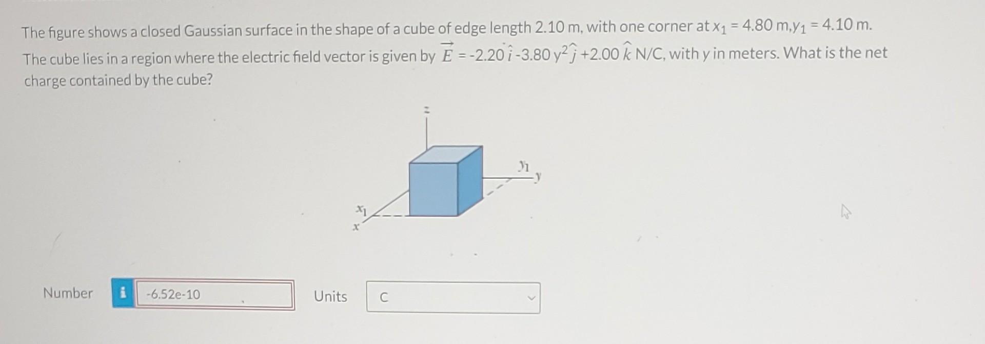 The figure shows a closed Gaussian surface in the shape of a cube of edge length \( 2.10 \mathrm{~m} \), with one corner at \