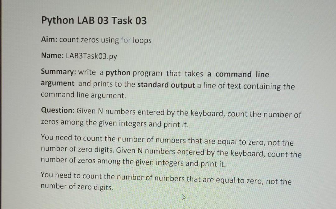 Solved Python LAB 03 Task 03 Aim count zeros using for
