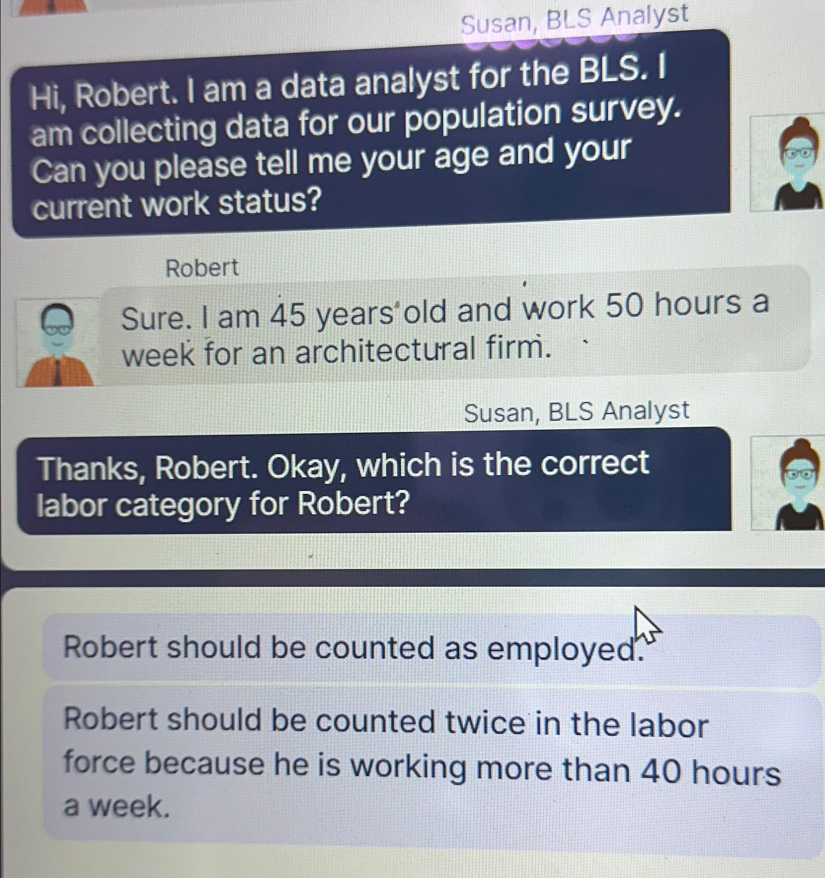 Solved Susan, BLS AnalystHi, ﻿Robert. I am a data analyst | Chegg.com